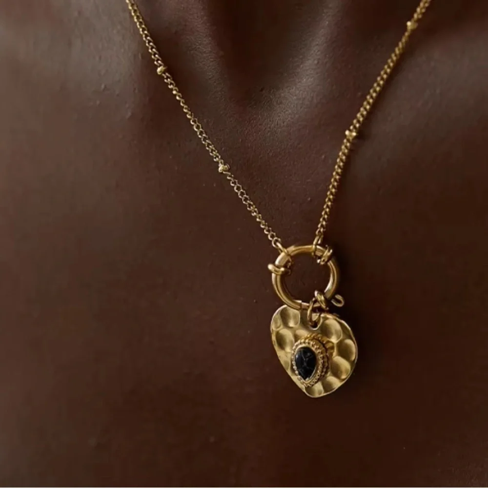 18K Gold Plated black turquoise charm holder Necklace stainless steel jewelry - Picture 3 of 11